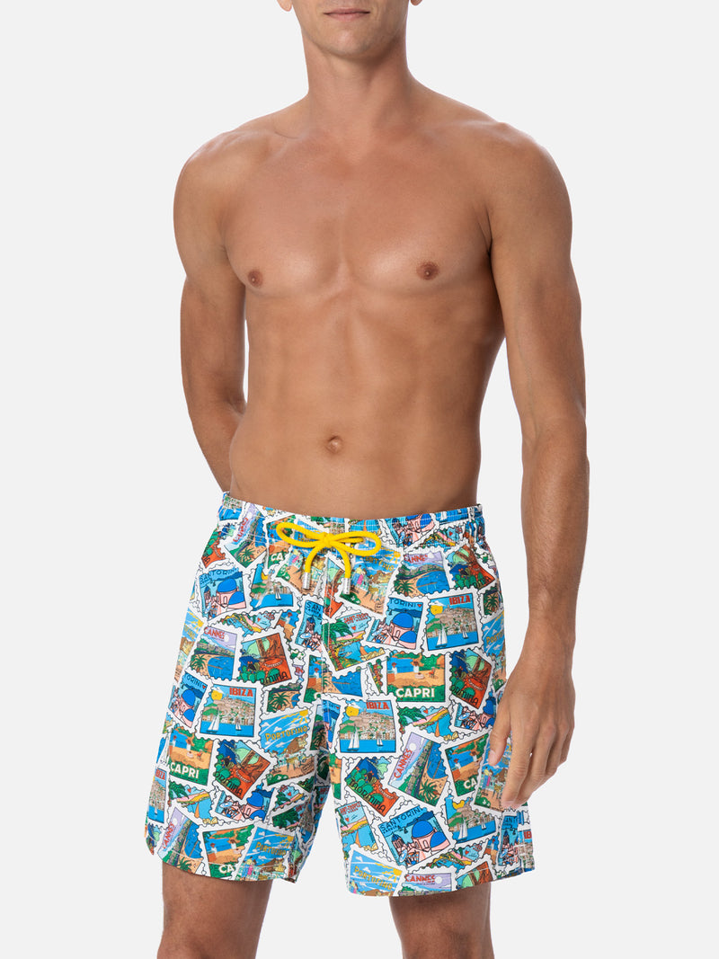 Man mid-length Gustavia swim-shorts with postcard mix print | ALESSANDRO ENRIQUEZ SPECIAL EDITION