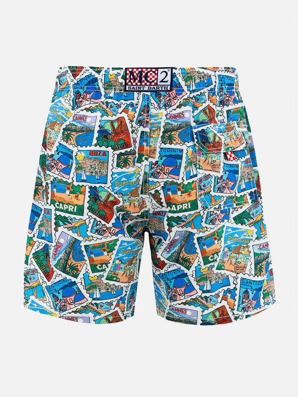 Man mid-length Gustavia swim-shorts with postcard mix print | ALESSANDRO ENRIQUEZ SPECIAL EDITION