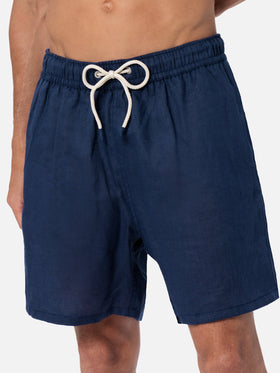 Mid-length navy blue linen swim-shorts Gustavia