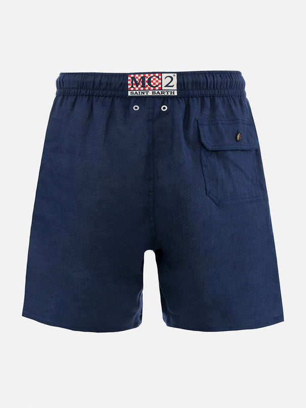 Mittellange Herren-Badeshorts aus marineblauem Leinen Gustavia