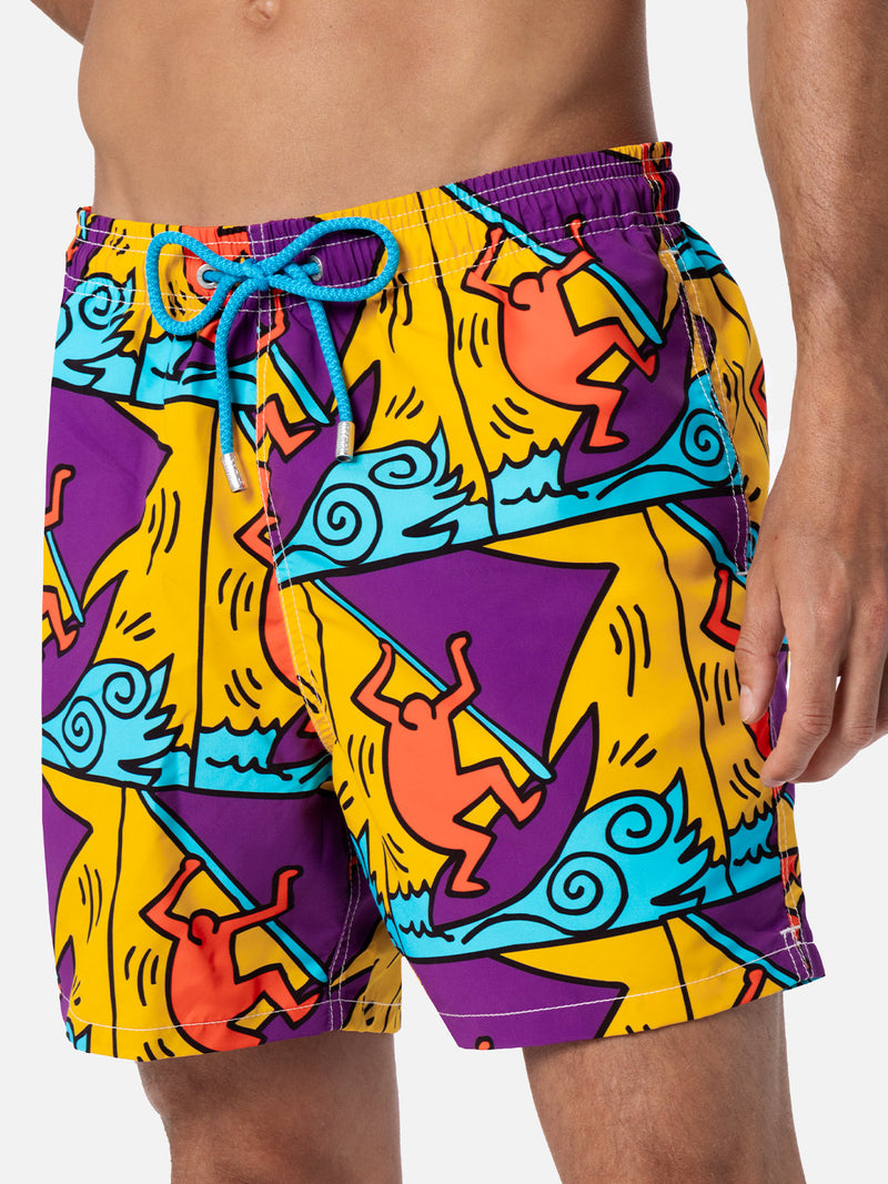 Man mid-length Gustavia swim-shorts with Keith Haring design placed print| KEITH HARING SPECIAL EDITION