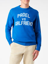 Man crewneck sweater with Padel vs Girlfriend jacquard print