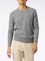 Maglione da uomo in lana stretch grigio mélange con ricamo St. Barth