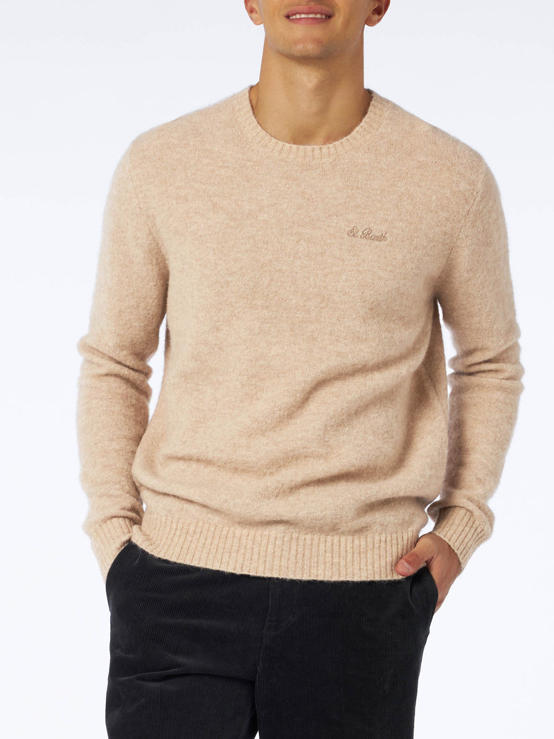 Man beige stretch alpaca sweater with St. Barth embroidery