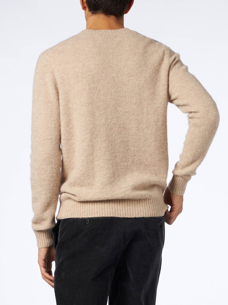 Man beige stretch alpaca sweater with St. Barth embroidery