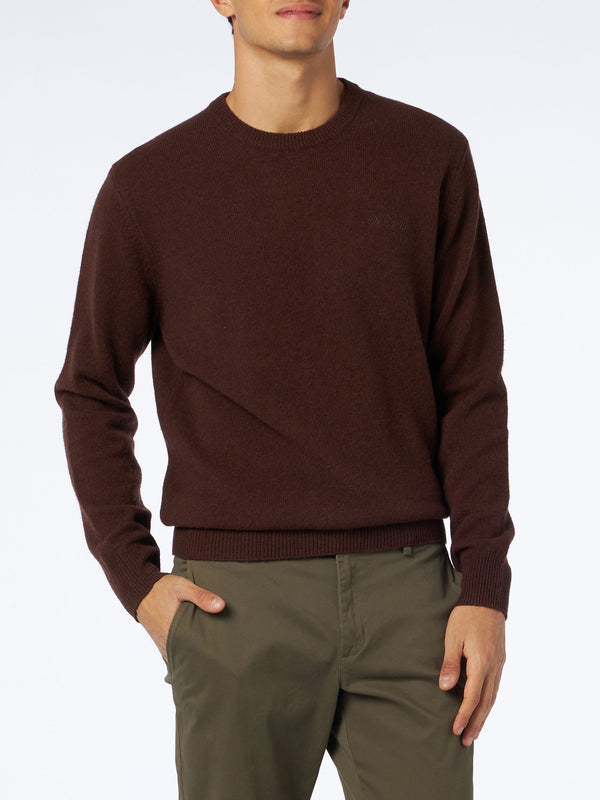 Man crewneck brown lambswool sweater with St. Barth embroidery