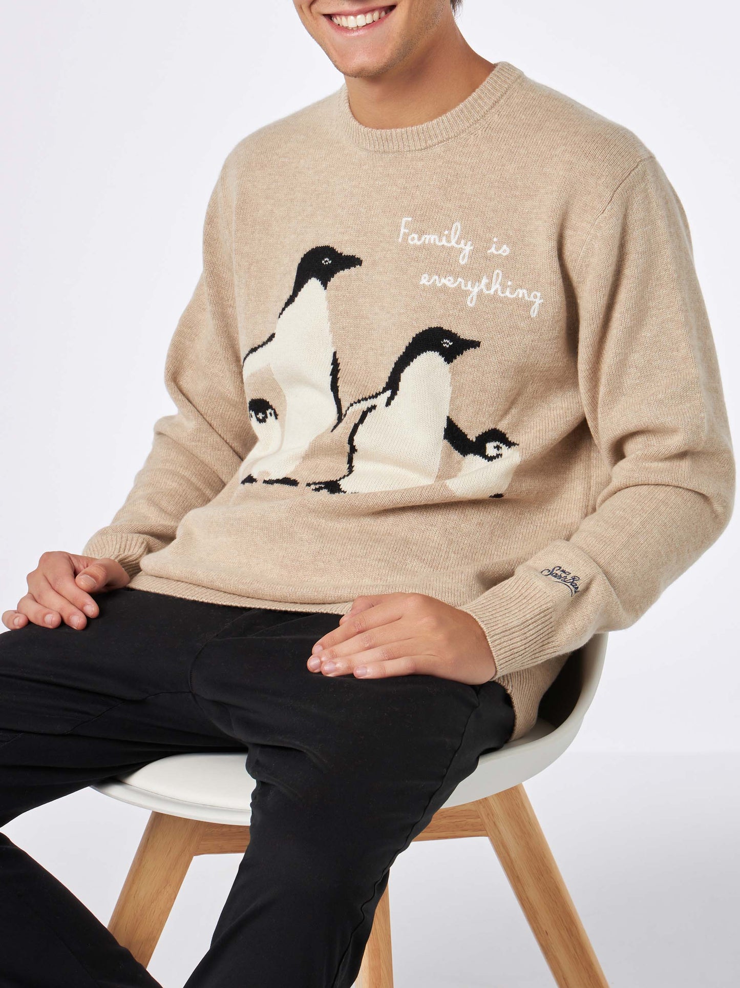 Herrenpullover mit Pinguin-Aufdruck und „Family is everything“-Stickerei