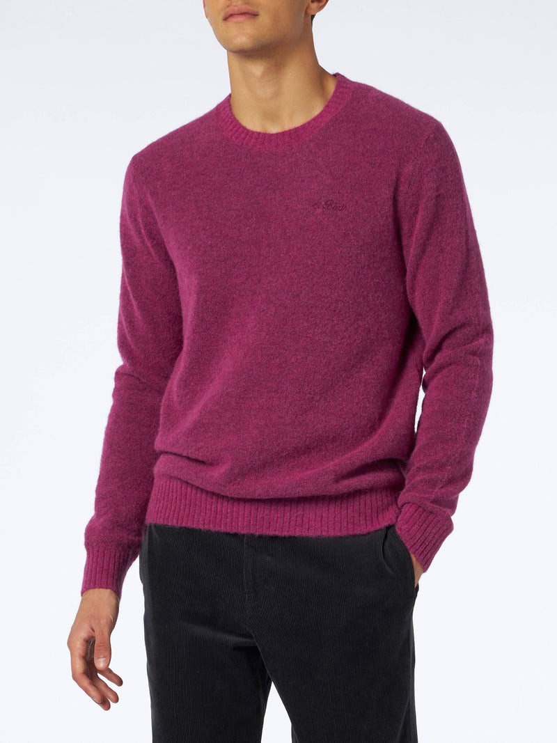 Man fuchsia stretch wool sweater with St. Barth embroidery