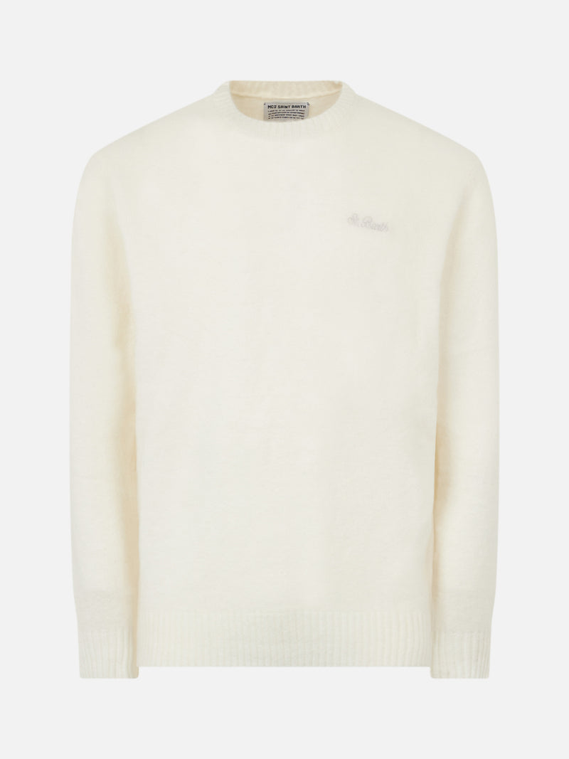 Man white stretch wool sweater with St. Barth embroidery