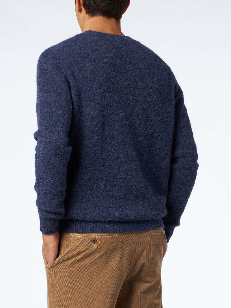 Man navy blue stretch wool sweater with St. Barth embroidery