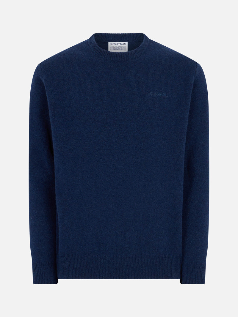 Man crewneck blue sweater with St. Barth embroidery