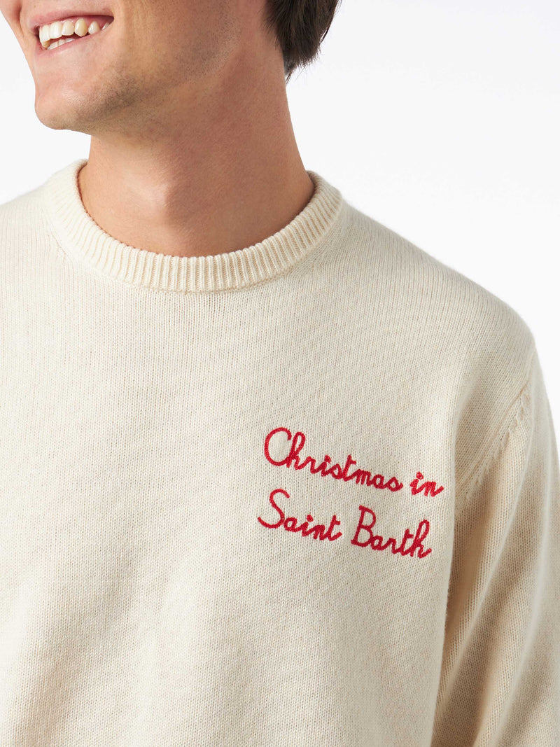 Herrenpullover mit Rundhalsausschnitt und „Christmas in Saint Barth“-Stickerei