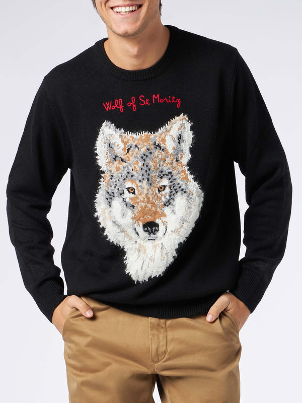 Man sweater with wolf print and Wolf of St.Moritz embroidery