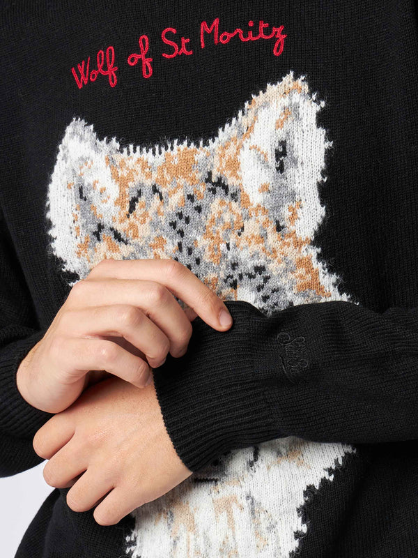 Man sweater with wolf print and Wolf of St.Moritz embroidery