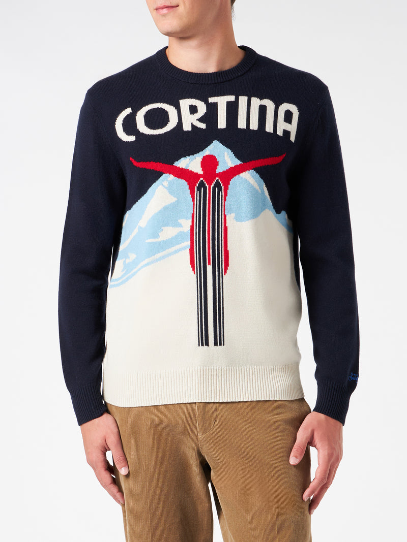 Man crewneck sweater with Cortina postcard jacquard print