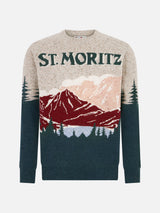 Man crewneck donegal sweater with St. Moritz postcard jacquard print