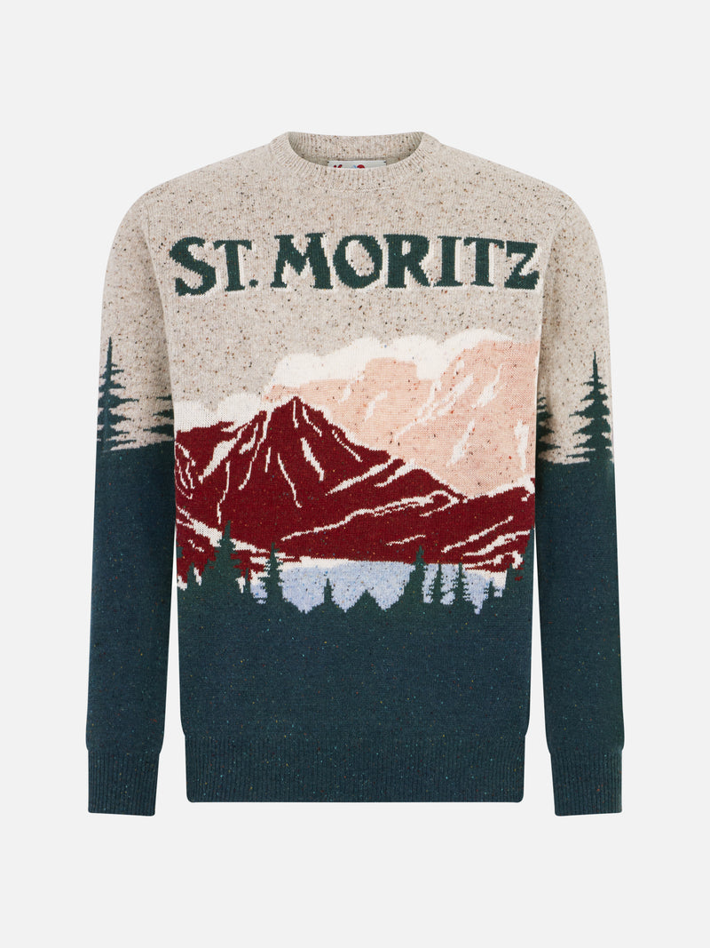 Donegal-Pullover mit Rundhalsausschnitt und St. Moritz-Postkarten-Jacquard