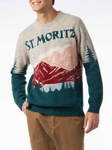 Man crewneck donegal sweater with St. Moritz postcard jacquard print