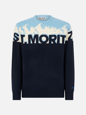 Man crewneck sweater with St. Moritz postcard jacquard