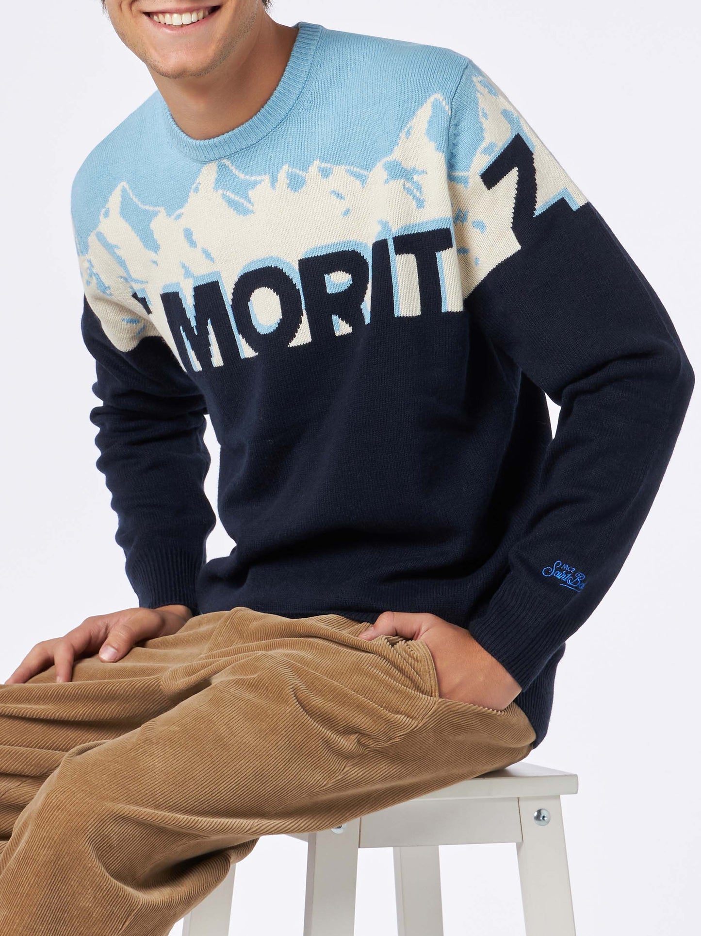 Man crewneck sweater with St. Moritz postcard jacquard
