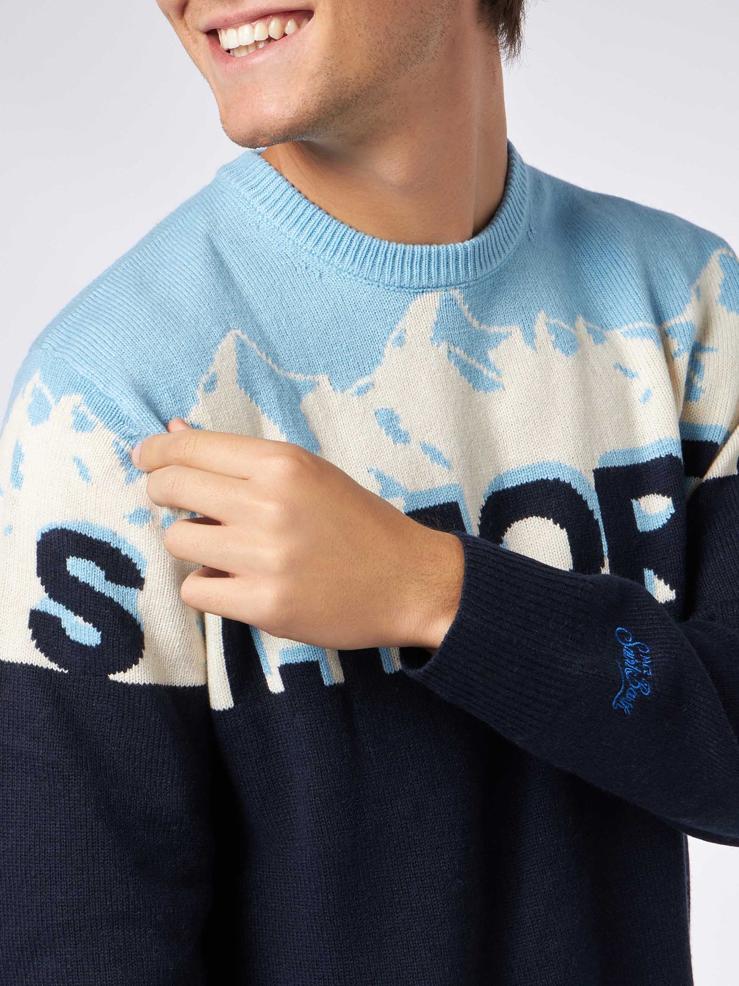 Man crewneck sweater with St. Moritz postcard jacquard