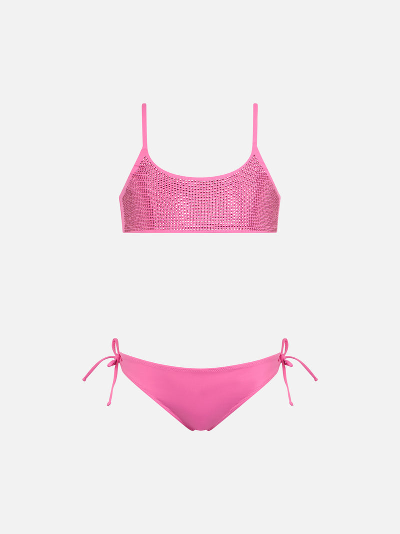 Bikini a bralette rosa da bambina Jaiden con strass