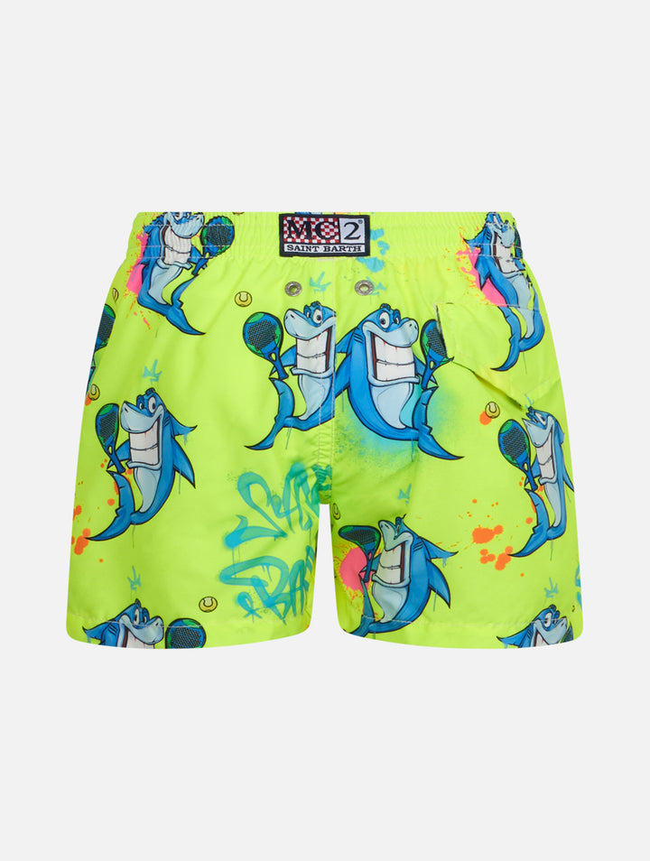 Boy lightweight fabric swim-shorts Jean Lighting with crypto shark print | CRYPTOPUPPETS SPECIAL EDITION