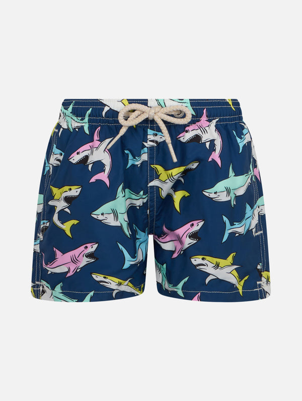 Boy lightweight fabric swim-shorts Jean Lighting with sharks print