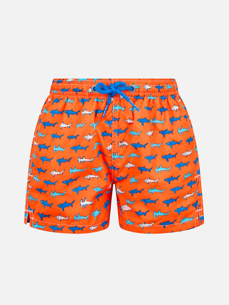 Boy lightweight fabric swim-shorts Jean Lighting with sharks print