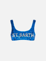 Blaues Pailletten-Bralette mit silbernem Logo