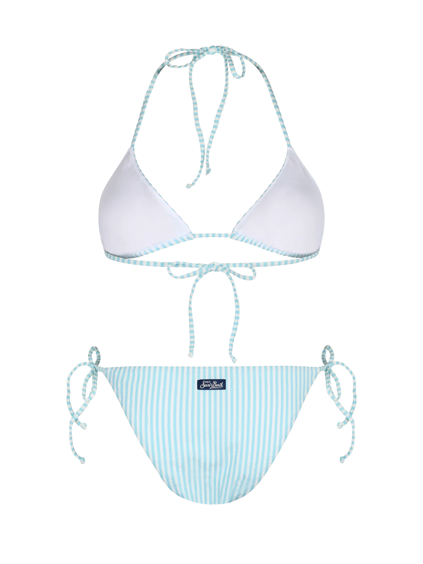 Woman seersucker striped triangle bikini Leah Virgo
