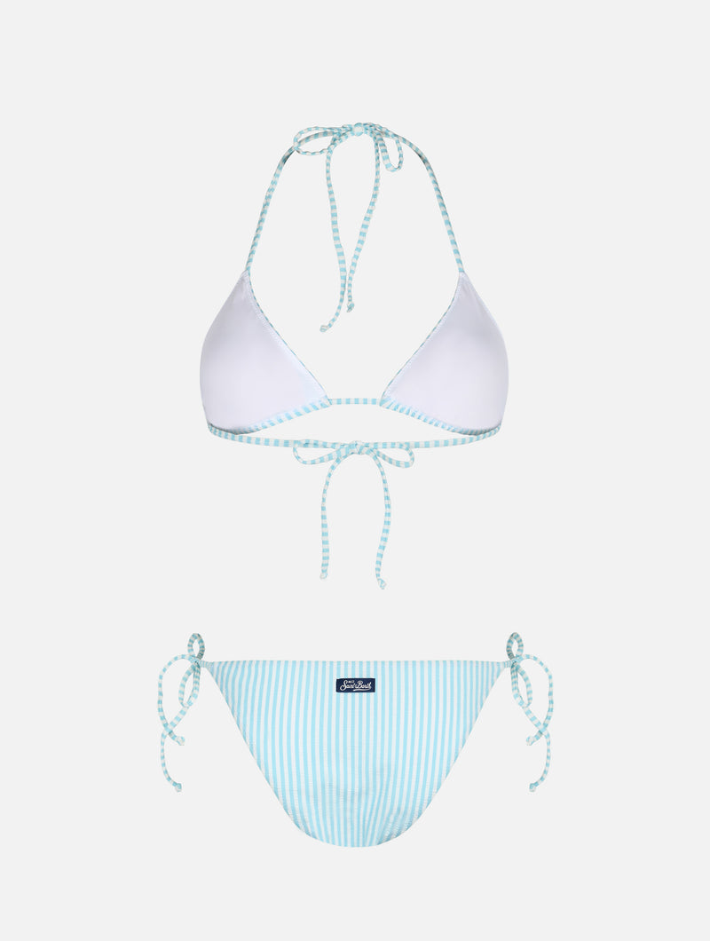 Woman seersucker striped triangle bikini Leah Virgo