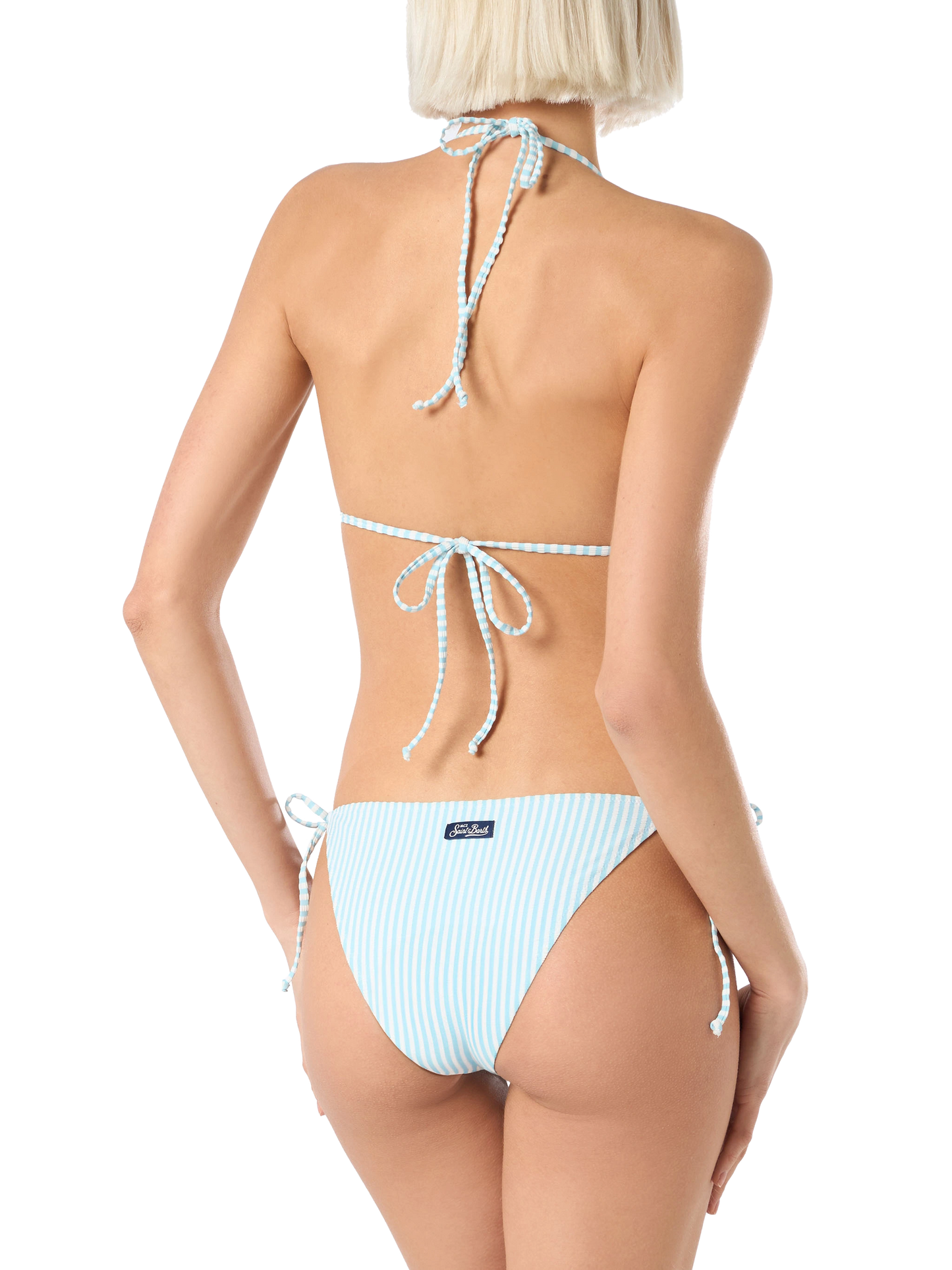Woman seersucker striped triangle bikini Leah Virgo