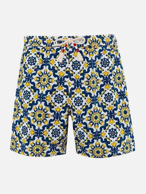 Man lightweight fabric swim-shorts Lighting 70 with majolica print - MC2 Saint Barth