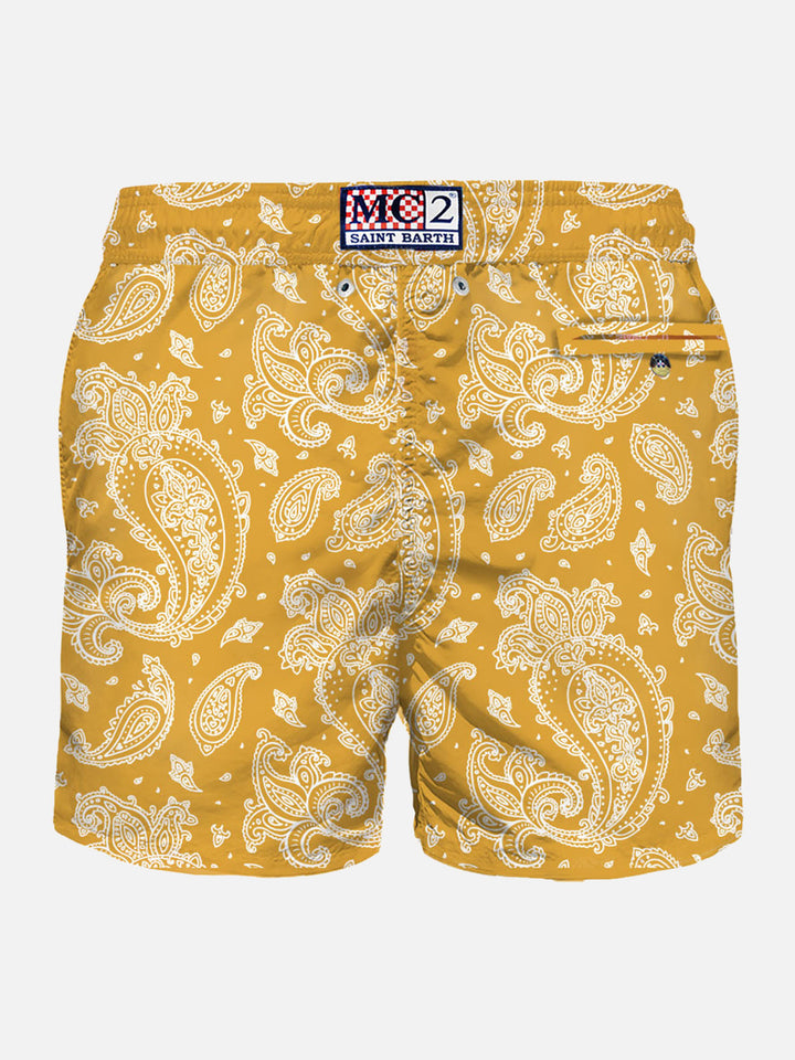Herren-Badeshorts aus leichtem Stoff mit ockerfarbenem Paisley-Print