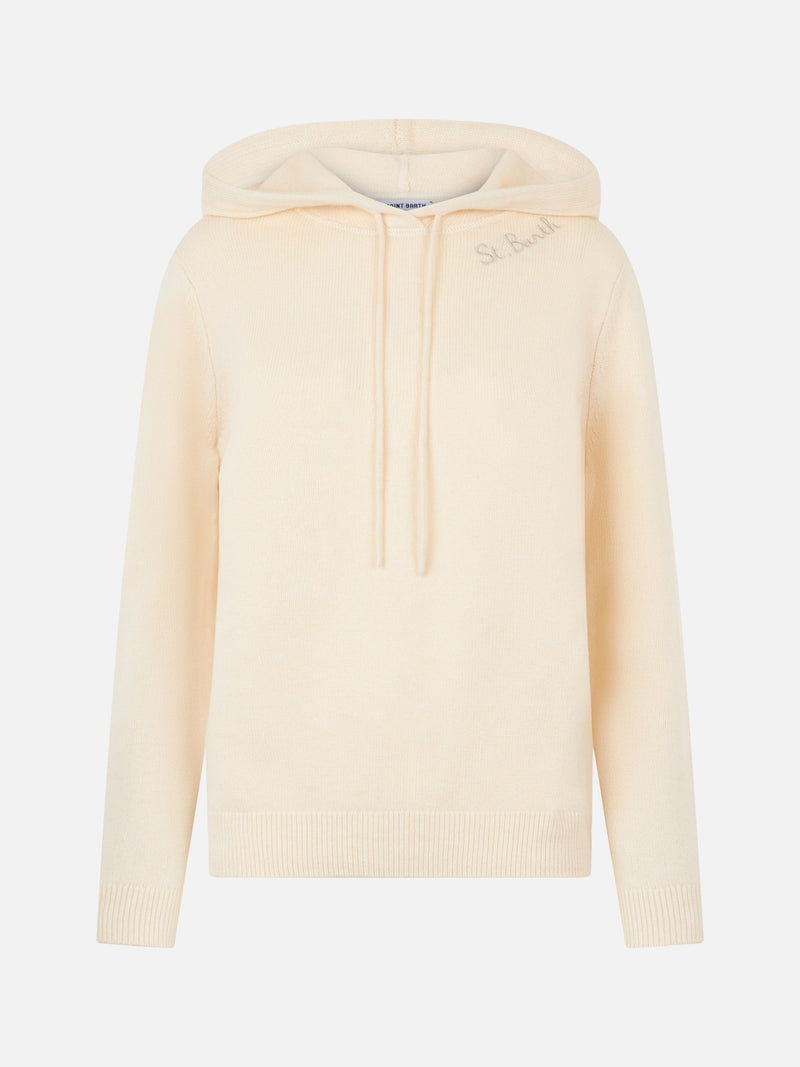 Woman off white knitted hoodie with St. Barth embroidery