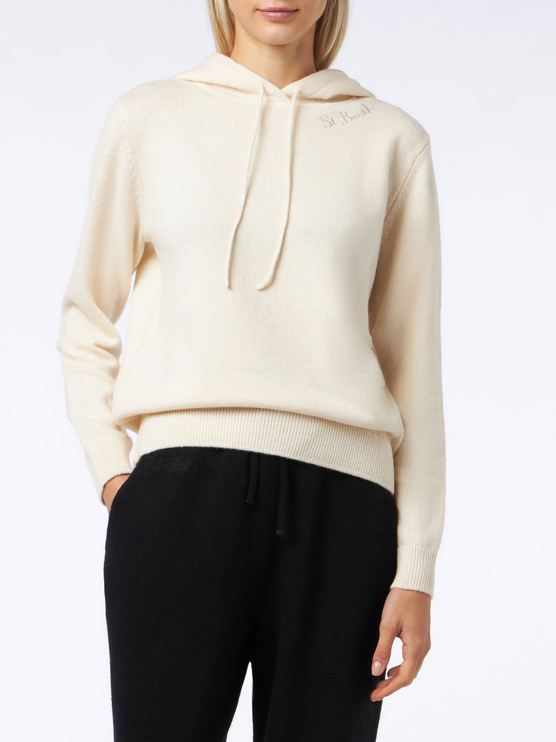 Woman off white knitted hoodie with St. Barth embroidery