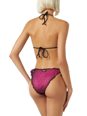 Shiny fucsia bikini with black polka dot tulle