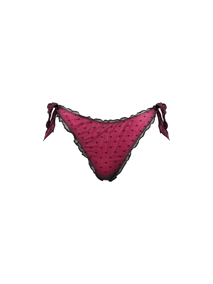 Shiny fucsia bikini with black polka dot tulle