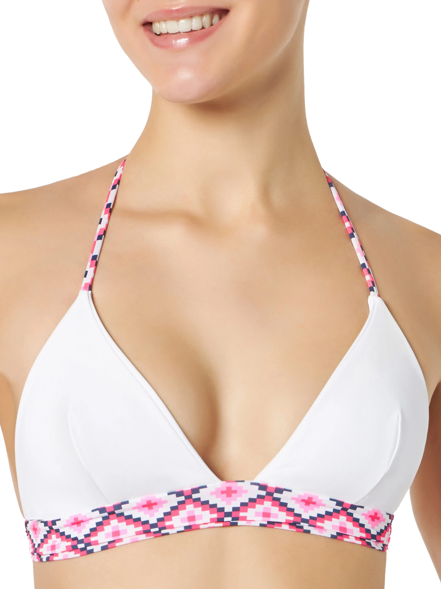 Woman triangle bikini with geometric pattern