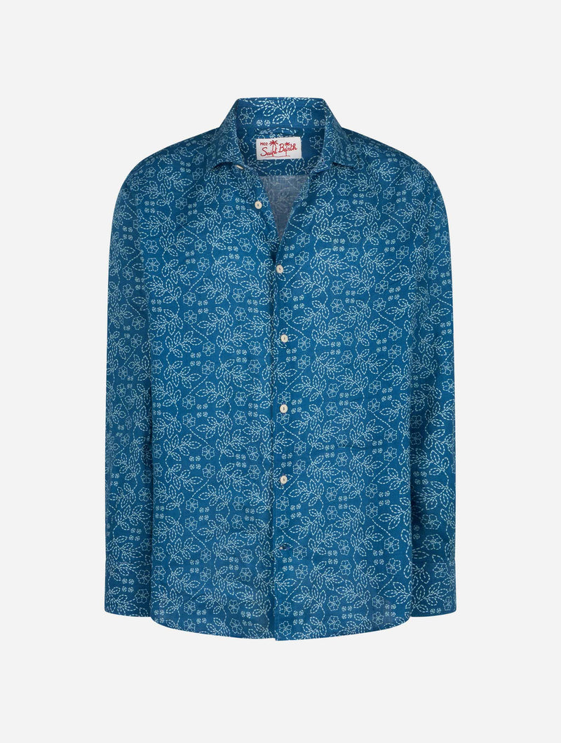 Camicia da uomo in lino blu navy Pamplona con stampa Sashiko