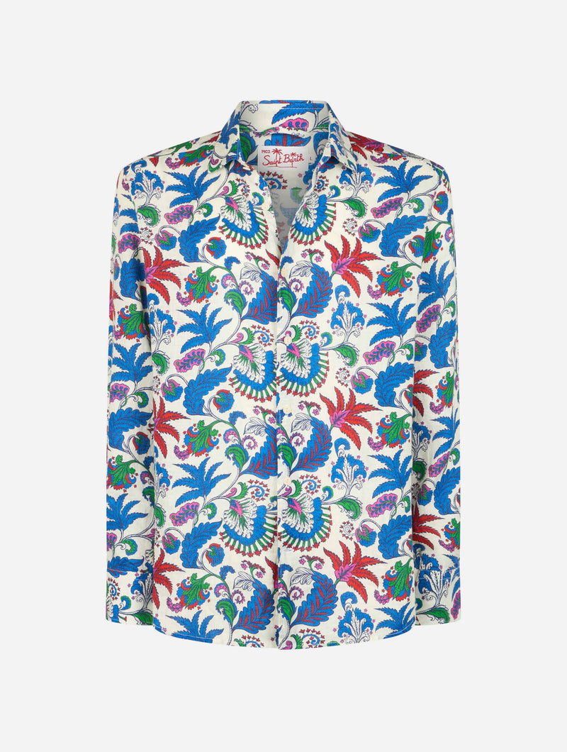 Man navy blue linen shirt Pamplona with flower print