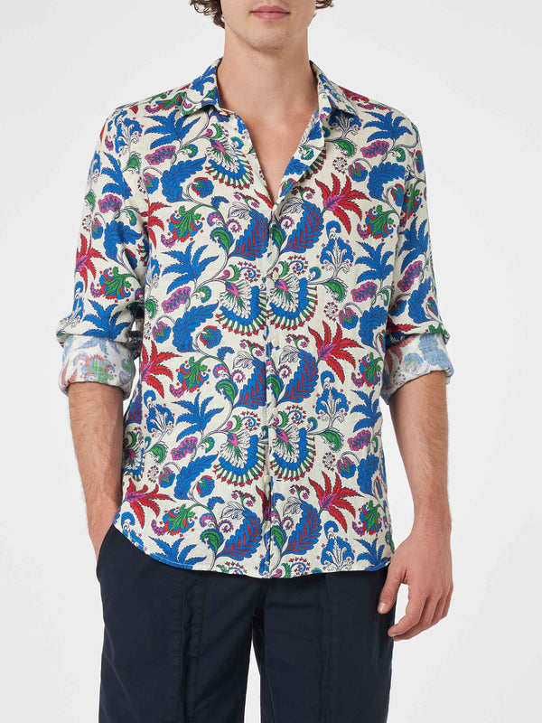 Camicia da uomo in lino blu navy Pamplona con stampa fiori