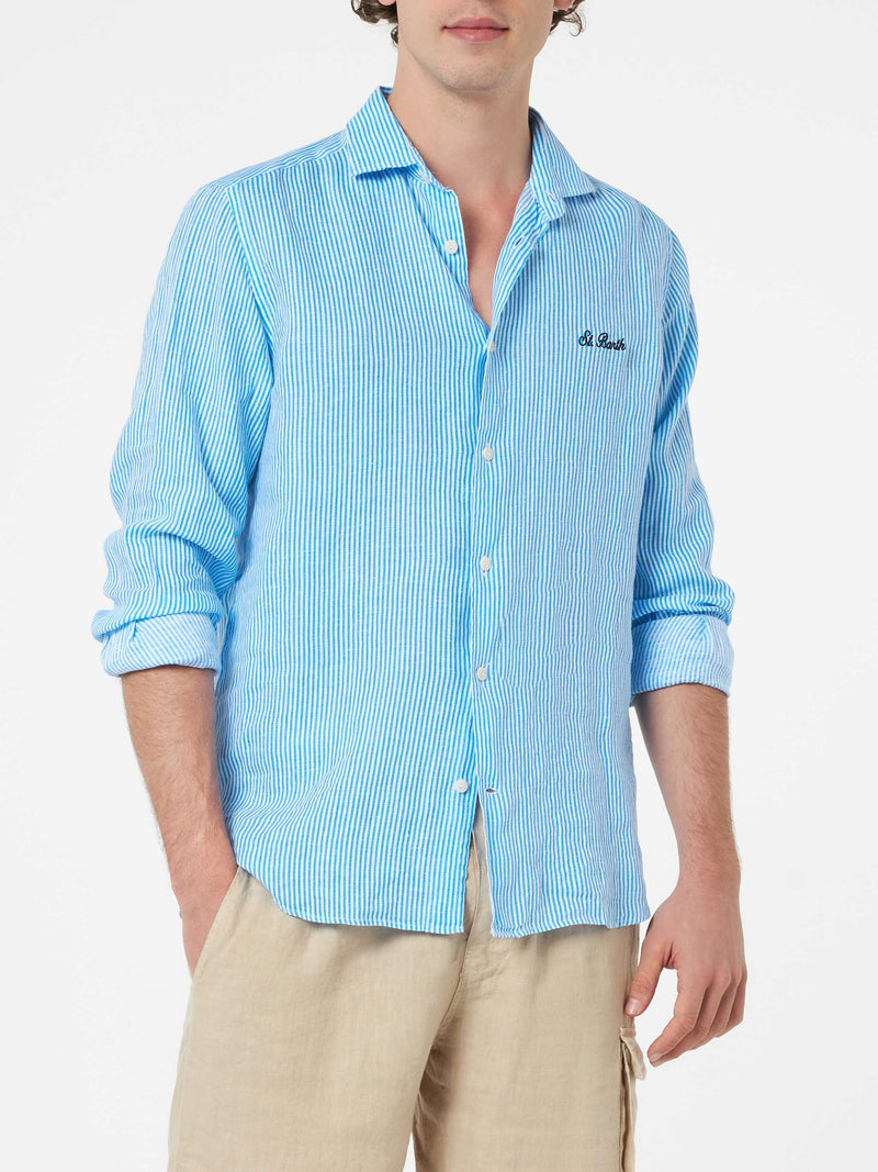 Man turquoise striped linen shirt Pamplona