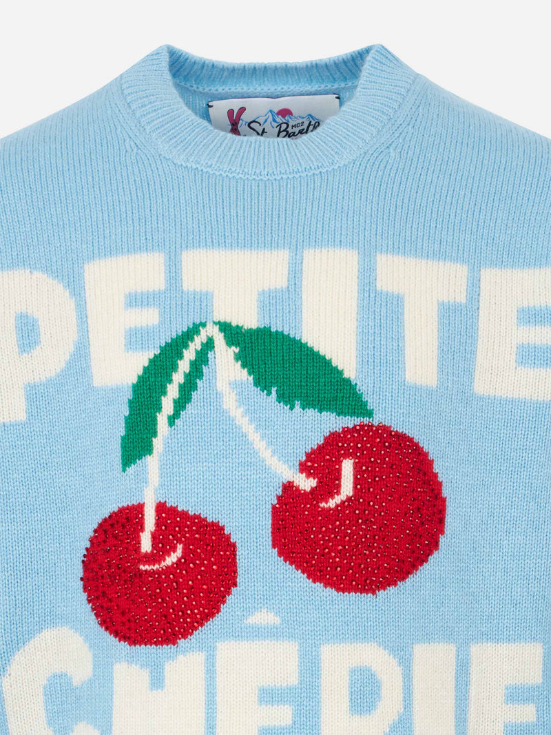 Girl crewneck sweater with cherries rhinestones print