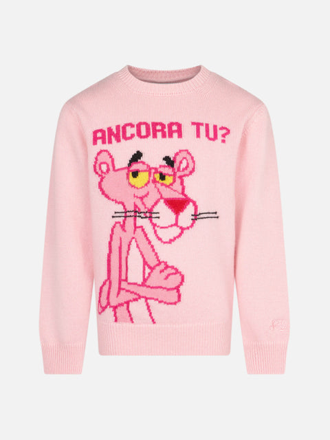 Girl crewneck pink sweater with Pink Panther Ancora Tu? Print | THE PINK PANTHER SPECIAL EDITION - MC2 Saint Barth