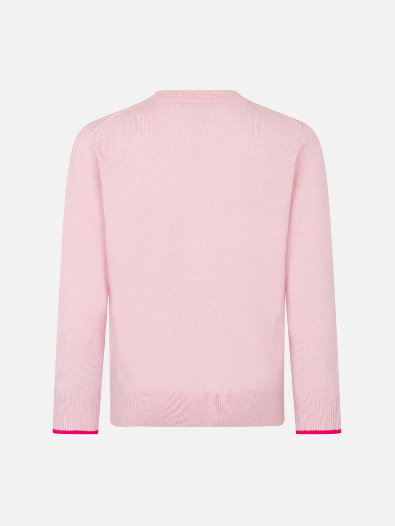 Girl crewneck pink sweater with Barbie logo jacquard | BARBIE SPECIAL EDITION