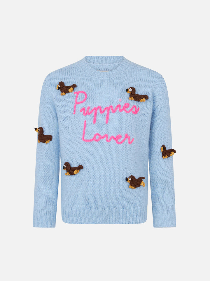 Maglione morbida girocollo da bambina con patch cani all'uncinetto e ricamo Puppies Lover