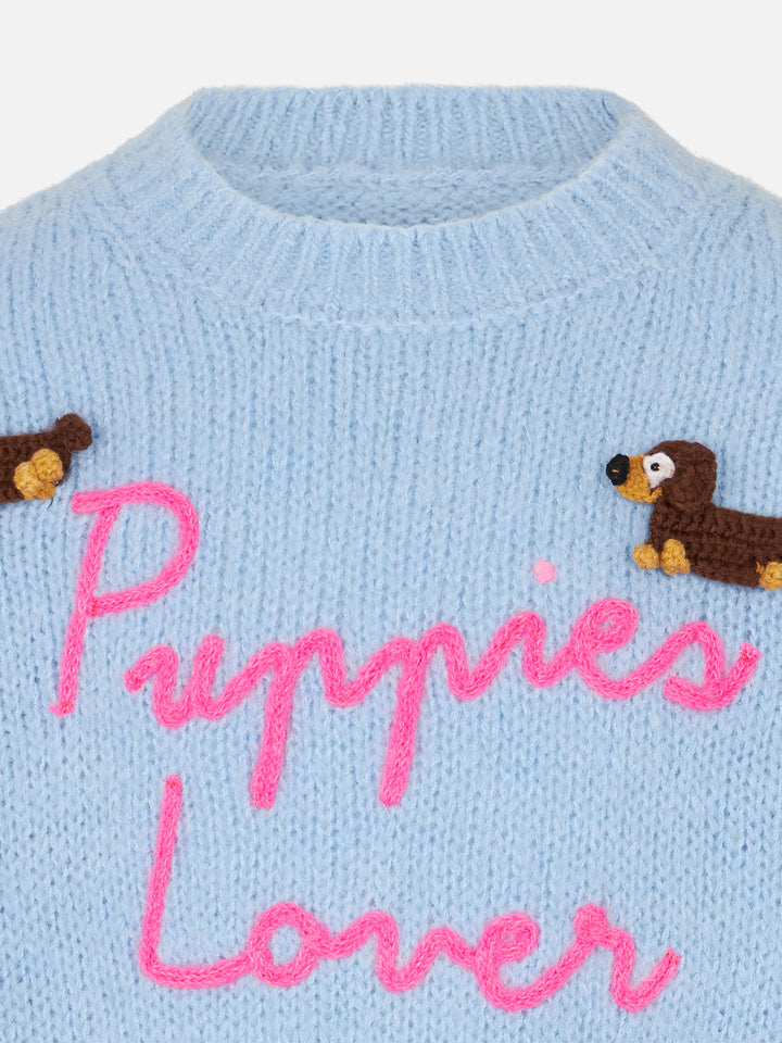 Maglione morbida girocollo da bambina con patch cani all'uncinetto e ricamo Puppies Lover
