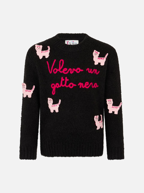 Girl crewneck soft sweater with cats crochet patch and Volevo un Gatto Nero embroidery - MC2 Saint Barth